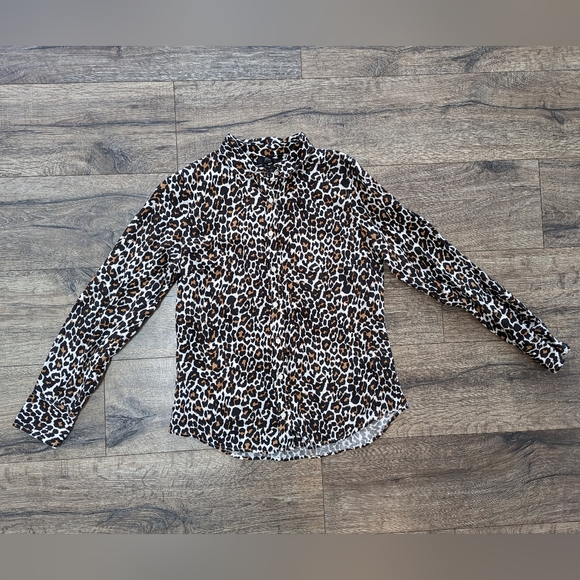 J Crew Small Leopard Linen Button Up Down Long Sleeve Top Shirt Slim Black Cream - Picture 2 of 6